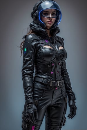 Cyberpunk female, shiny black leather armoured bodysuit, chunky heel platform boots, neon lit spaceport, wide belt, holsters, full face helmet