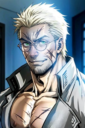 solo male, Alexander Anderson, Hellsing, Catholic priest, short silver-blond hair, green eyes, tanned skin, defined squared jaw, light facial hair, wedge-shaped scar on left cheek, round glasses, (topless. bare chest, bare belly), (grey coat, open coat:1.2), (bare neck:1.3), mature, middle-aged, imposing, tall, handsome, charming, alluring, slight smile, calm, kindly, affableㄝ(portrait, close-up, face focus), face only, perfect anatomy, perfect proportions, best quality, masterpiece, high_resolution, dutch angle, photo background, Vatican City, indoor，全裸，sm