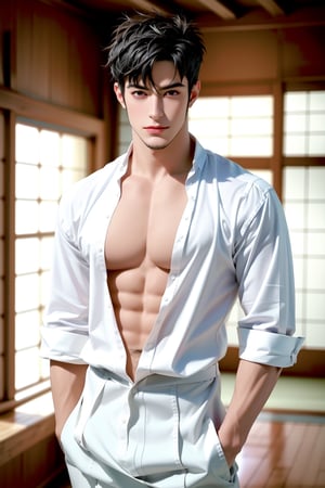 solo male, Genma Shizume, Asian, Japanese, black hair, chinstrap beard, sideburns, black eyes,  mature, handsome, charming, allurin, smile, standing, upper body, perfect anatomy, perfect proportions, (best quality, masterpiece, high_resolution:1.3), perfect eyes, dutch angle, cowboy shot,naked,sadomasochism,abdominal,prop