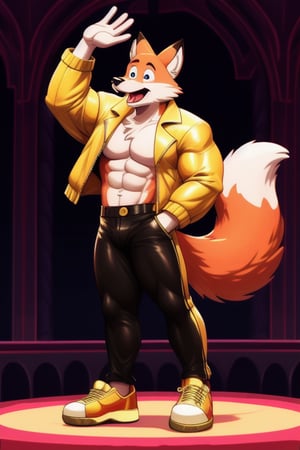 A Muscular Fox As Conrad Birdie In Bye Bye Birdie The Musical  With His Gold Leather Jacket With No Shirt On Gold Pants And Gold Shoes With The Mayor And The Sweet Apple Kids On Stage
The Fox Sings In Everything I Do My Sincerity Shows Through


 
 
