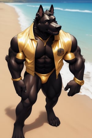 a muscular black dog wearing a gold leather jacket on the beach







 
 
