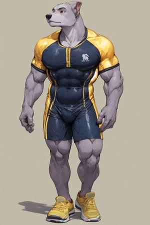 A Muscular Whippet Wearing A Gold Suit With Jogging Swimsuit Boxers On 