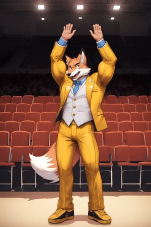 The Audience In The Auditorium Is Clapping For The Muscular Fox Wearing A Gold Suit Jacket Gold Pants Gold Shoes  