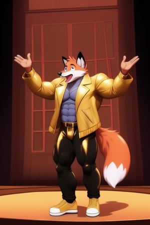 A Muscular Fox As Conrad Birdie In Bye Bye Birdie The Musical  With His Gold Leather Jacket  Gold Pants And Gold Shoes Singing Honestly Sincere On Stage
Stage Props-Courthouse
The Fox Is Next To The Tree On The Stage 
 
