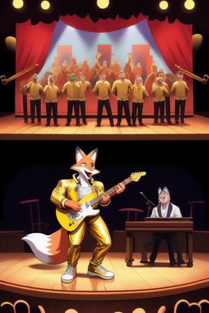 A Muscular Fox As Conrad Birdie In Bye Bye Birdie The Musical  With His Gold Leather Jacket  Gold Pants And Gold Shoes Singing Honestly Sincere On Stage
Stage Props-Courthouse
The Fox Gives The Electric Guitar To The Mayor's Wife
 
