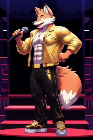 A Muscular Fox As Conrad Birdie In Bye Bye Birdie The Musical  With His Gold Leather Jacket With No Shirt On Gold Pants And Gold Shoes With The Mayor And The Sweet Apple Kids On Stage
The Fox Has A Guitar And A Microphone Stand And Is Standing On The Stairs

 
 
