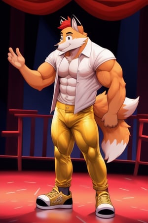 A Muscular Fox As Conrad Birdie In Bye Bye Birdie The Musical  With His Gold Leather Jacket With No Shirt On Gold Pants And Gold Shoes With The Mayor And The Sweet Apple Kids On Stage
The Fox Pulls His White Shirt Off



 
 
