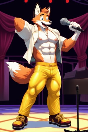 A Muscular Fox As Conrad Birdie In Bye Bye Birdie The Musical  With His Gold Leather Jacket With No Shirt On Gold Pants And Gold Shoes With The Mayor And The Sweet Apple Kids On Stage
The Fox Pulls His White Shirt Off With His Hands And Keeps The Gold Leather Jacket On
The Fox Is Singing On A Microphone Stand
white shirt looking at audience
taking shirt off




 
 
