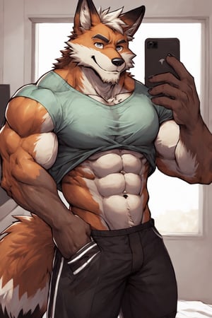 A Muscular Red Fox Named Don Taking A Picture Of His Abs Pecs Belly And Body While Shirt Lift 