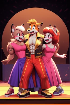 A Muscular Fox As Conrad Birdie In Bye Bye Birdie The Musical  With His Gold Leather Jacket With No Shirt On Gold Pants And Gold Shoes With The Mayor And The Sweet Apple Kids On Stage
The Girls Are Screaming 
The Girl Are Wearing Dresses From The 1950's


 
 
