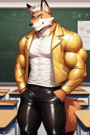 Classroom 1-1  In High School With The Muscular Fox In The Classroom Wearing A White T-Shirt And Gold Leather Pants
A Gold Leather Jacket In The Wardrobe 






 
 
