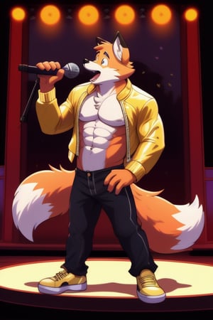 A Muscular Fox As Conrad Birdie In Bye Bye Birdie The Musical  With His Gold Leather Jacket With No Shirt On Gold Pants And Gold Shoes With The Mayor And The Sweet Apple Kids On Stage
The Fox Pulls His White Shirt Off With His Hands And Keeps The Gold Leather Jacket On
The Fox Is Singing On A Microphone Stand
Taking shirt off
Gold
Leather jacket




 
 
