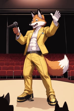 The Audience In The Auditorium Is Clapping For The Muscular Fox Wearing A Gold Suit Jacket With No Shirt On Gold Pants Gold Shoes As He Has A Electric Guitar And A Microphone Stand
A Girl Fainting 