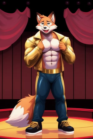 A Muscular Fox As Conrad Birdie In Bye Bye Birdie The Musical  With His Gold Leather Jacket With No Shirt On Gold Pants And Gold Shoes With The Mayor And The Sweet Apple Kids On Stage
The Fox Says Suffer


 
 
