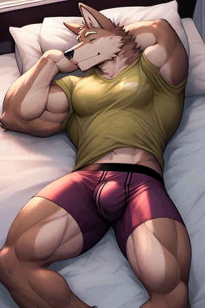 A Muscular Brown Coyote Sleeping With His Shirt On With Boxer Briefs On