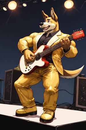 A Muscular Yellow Hound Dog Singing And Playing On A Guitar On Stage Wearing A Gold Suit Gold Pants And Gold Shoes