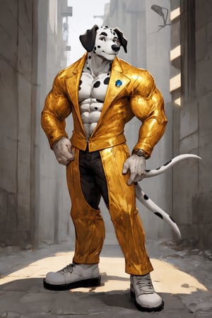 A Muscular Dalmatian Wearing A Gold Suit