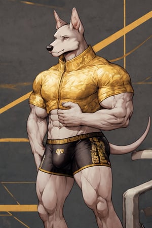 A Muscular Whippet Wearing A Gold Suit With Boxer Briefs On 