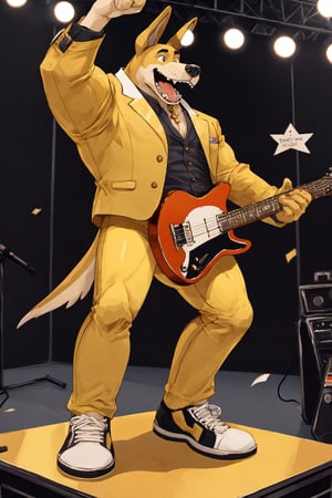 A Muscular Yellow Hound Dog Singing And Playing On A Guitar On Stage Taking Off His Gold Suit Gold Pants And Gold Shoes