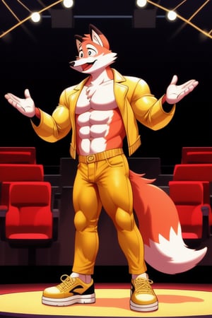 A Muscular Fox As Conrad Birdie In Bye Bye Birdie The Musical  With His Gold Leather Jacket With No Shirt On Gold Pants And Gold Shoes With The Mayor And The Sweet Apple Kids On Stage
The Audience Claps For The Fox
Audience Seen
Auditorium Seen
Control Room Seen




 
 
