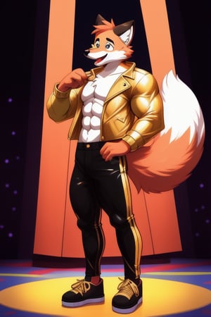 A Muscular Fox As Conrad Birdie In Bye Bye Birdie The Musical  With His Gold Leather Jacket With No Shirt On Gold Pants And Gold Shoes With The Mayor And The Sweet Apple Kids On Stage
The Fox Sings I Look You In The Eye Don't Even Have To Try It's Automatic I'm Sincere
1foxboy 1catgirl




 
 
