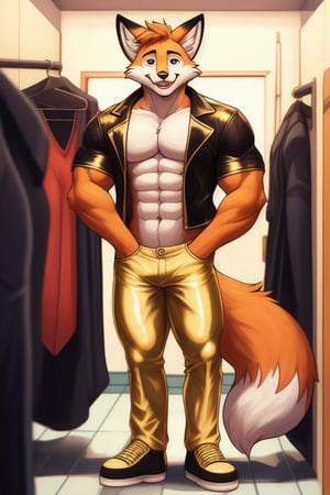 A Muscular Fox As Conrad Birdie In Bye Bye Birdie The Musical  With His Gold Leather Jacket With No Shirt On Gold Pants And Gold Shoes In His Dressing Room In Backstage Of High School

 
 
