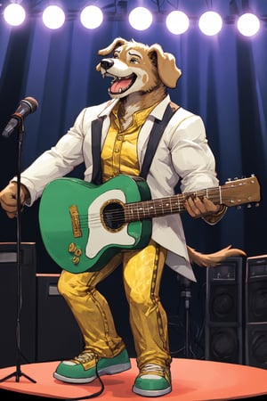 A Muscular Light Green Dog Singing And Playing On A Guitar On Stage Wearing A Gold Suit Gold Pants And Gold Shoes