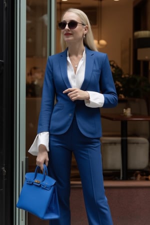 An elegant french young woman, refined style, in a New York luxuary cafe, holding her Birkin25 bag, royal blue color bag, swift leather bag, holding bag by hand, gold hardware Birkin bag