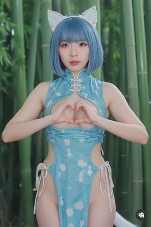 Lovely Japanese girlfriend, thin, 18 years old, short blue hair, cat make up, wearing a Chinese clothes outfit, breasts, plastic cat ears, cat tail, sci-fi, paw pose,Cat tail, background bamboo Forrest. Kawaii, heart pose