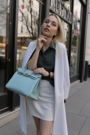 An elegant French young woman, refined style, in a London shopping street, holding her Birkin25 bag, vert d'eau color bag, Togo leather bag, holding bag in arm, gold hardware Birkin bag.