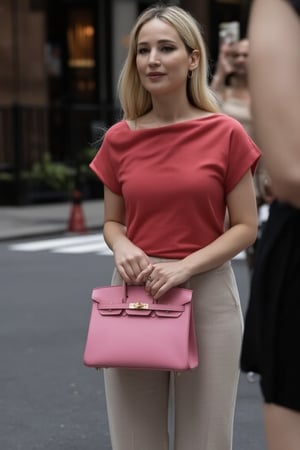 Jennifer, inside a New York luxury hotel, holding her Birkin25 bag, pink color bag, swift leather bag, gold hardware Birkin bag, jenlawrence