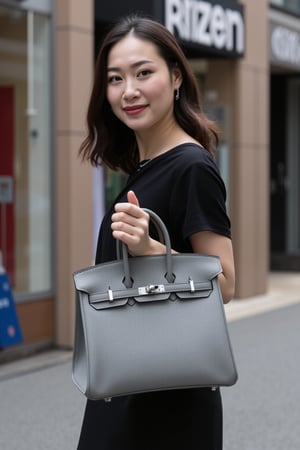 An elegant Asian young woman, refined style, in a Tokyo shopping street, holding her Birkin25 bag, grey neve color bag, Togo leather bag, holding on her hand, silver hardware Birkin bag, open hardware bag, clochette and padlock accessories 