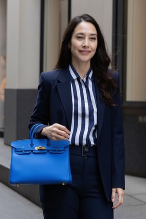 An elegant french young woman, refined style, in a London shopping street, holding her Birkin25 bag, royal blue color bag, swift leather bag, holding bag by hand, gold hardware Birkin bag