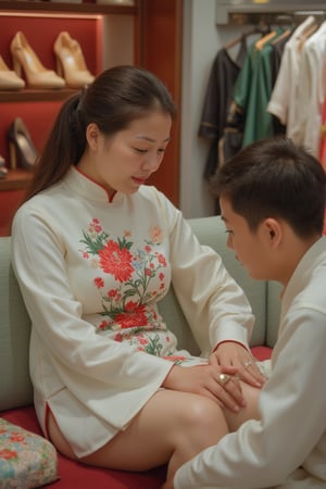 A beautiful elegant Chinese girl in a shoes shop. She has elegant clothes, white flower red and green, She is sit on a couch and a handsome boy is touching in the middle of her legs.