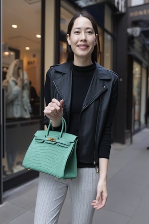 An elegant french young woman, refined style, in a London shopping street, holding her Birkin25 bag, vert d'eau color bag, alligator leather bag, holding bag by hand, gold hardware Birkin bag