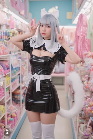 Lovely Japanese girlfriend, 18 years old, wearing a nurse PVC outfit, black and white, breasts, cat ears, cat tail, white long socks, fur cat ears, V pose,Cat tail, background a candy shop. 