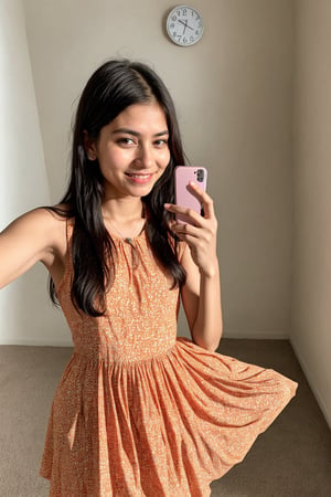 lovely cute young attractive indian teenage girl in a adorable  orenge dress , 18years old, cute, an Instagram model, blackhair, while eyes open,  one hand with selfie 