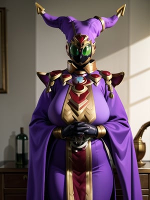 beautiful, detailed lighting, masterpiece, bloom, beautiful background, bedroom, room, furniture, (wizard), robe, ((purple clothes)), (green eyes), no mouth, black mask, black face, jester hat, (((xwizard))),black gloves, flowing robes, red jewels, golden detail, hands, hands together,