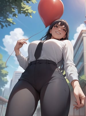  score_9, score_8_up, score_7_up, score_6_up, score_5_up, score_4_up score_9,score_8_up, outside, park, sky, 1girl, white shirt, black tie, office dress pants, long hair, blung bangs, black hair, ((looking up)), eyes looking up, brown eyes, smile, blush, girl holding single red balloon by the string, long string, low angle, shexyo style, anime, 2d illustration,