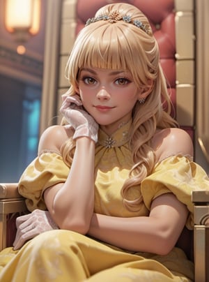  score_9, score_8_up, score_7_up, score_6_up, score_5_up, score_4_up score_9,score_8_up, 1girl, 1girl, hymenoran, brown eyes, (japanese woman), blonde hair, long hair, yellow dress, white gloves, sitting on throne, small smirk, closed mouth, regal, one hand on chin, one hand on arm rest, shexyo, anime,