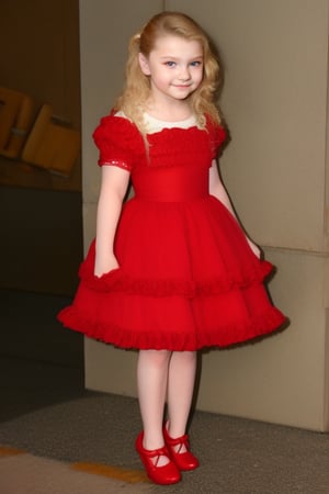 Abigail Breslin 12 years old, full body view beautiful girl, with wavy blonde hair, in a fluffy dress, with ruffles, red shoes, flirtatious look ,Abigail Breslin
