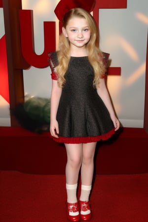Abigail Breslin 12 years old, full body view beautiful girl, with wavy blonde hair, in a fluffy mini dress, with ruffles, red shoes, flirtatious look ,Abigail Breslin