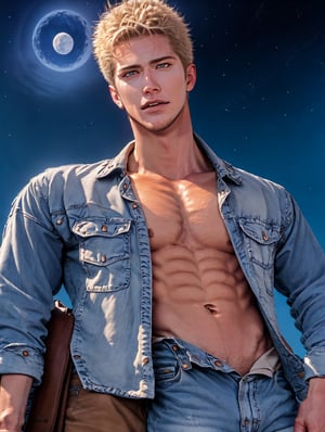 Identical twins, rural, youthful, two identical male teens, 2boys,  swimmer body type, lithe dancer light muscles, boyish rugged face, Handsome face, eyes with brightness, confident and determined, evil-looking but handsome men, crew cut, Stars dot the sky,  night sky looks sinister and dangerous, eyebrows same as hair, attractive teen boys, blue eyes, open shirt over undershirt,  jeans, subjects look the same size, large moon in sky, cloned face, boyish, same exact faces, same exact height, six feet tall, rugged, light straw blonde hair, both subjects in foreground, Chad Michael Murray,1boy,Asch_Albright