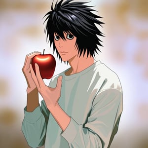 1boy,black_hair,l_\(death_note\),looking_at_viewer,holding_apple,white_shirt, T-shirt,long_sleeves