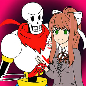 duo,1girl,monika_(doki_doki_literature_club) ,v_hand,papyrus,undertale,skeleton,smile