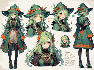 sage green hair, Character concept sheet, conceptual character, concept sheet, multiple views of the same character, infographic, CharacterSheet, (multiple views, full body, upper body, reference sheet:1), reference sheet, (full body, from side, from back, front:1.1), three sided view, accurate anatomy, equal proportions, high quality, turnabout, vtuber, multiple views, ((solid grey background)), 1girl, pale slightly tinged green skin, elf ears,  (((sage green hair))), long wild feral hair, ((hair over one eye)), ((orange eyes)), nature, fae, dryad, dryad fae, druid, druid fae, druid fae princess, fae princess, dryad princess, princess, nymph, comics, flat colors, color palette, asymmetrical dressing, liquid clothes, forest spirit, fairy spirit, sprite, niji, More Detail, Color Booster, wizardess, witch, viking, feral, flower dress, colorful, yellow theme clothing, no black, complimentary color accents, (MoreOutfits:1.5), expression sheet, multiple expressions, (facial expressions:happy, disgusted, angry, sad, surprised, scared, confused, embarrassed, smiling, excited, crying, heart pupils, constricted pupils, half-closed eyes, winking, shaded face, shocked), sage green hair, ferns, vines, leaves, slime, plant girl, pattern_clothing, pattern, rough_sketch, sketch, ((sunhat)), manga, 