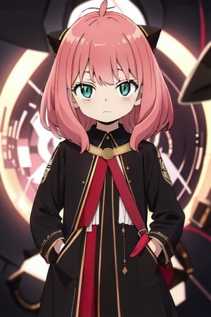 absurdres, highres, beautiful, best quality, anya_forger_spyxfamily, Pink Hair, eyelashes, shiny eyes, upper_body, hands_in_pockets, heart, frilled dress, bright and fine Black-Hole Accretion Disk,cute
