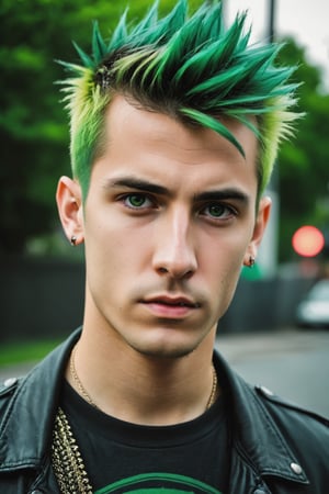 ((masterpiece, best quality)), absurdres, (Photorealistic 1.2), sharp focus, highly detailed, top quality, Ultra-High Resolution, HDR, 8K, epiC35mm, film grain, moody photography, (color saturation:-0.4), lifestyle photography,

(((Headshot portrait))), Handsome punk young man, (((25 years old))), (((male))), spiky green_hair, black_eyes,LotR style, ,photorealistic, (hannahowo:0.4), 80s punk clothing