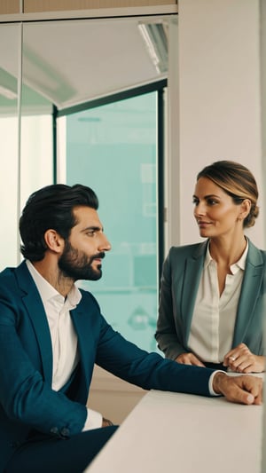 Masterpiece, bestquality,4K,highres, ultra-detailed, 

wide angle picture of handsome young Lebanese man and a beautiful middle aged swedish woman talking in an office kitchen, professional outfits, formal suit,