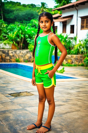 ((masterpiece, best quality)), absurdres, (Photorealistic 1.2), sharp focus, highly detailed, top quality, Ultra-High Resolution, HDR, 8K, epiC35mm, film grain, moody photography, (color saturation:-0.4), lifestyle photography,

(((full body picture))), young beautiful Indian girl, (((8 years old))), (((child))) short ponytails hair, (((fat body))), green swim shorts, swimming long sleeved top, standing by a swimming pool,(SophiaLeone:0.2)